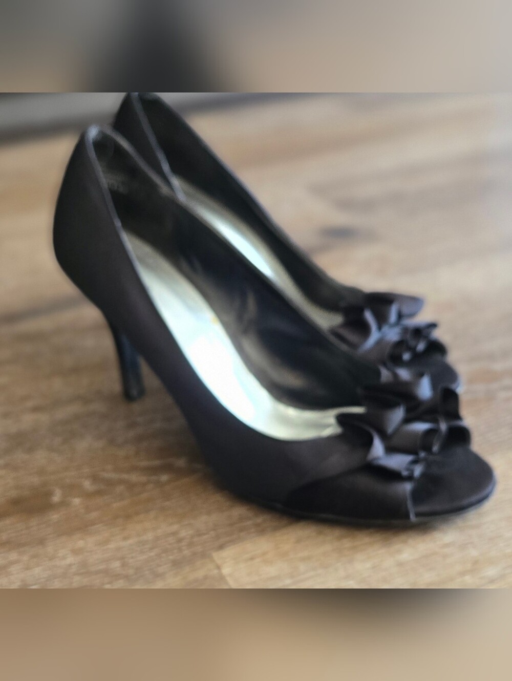 Black Satin Ruffle Peep-Toe Heels- SIZE 10